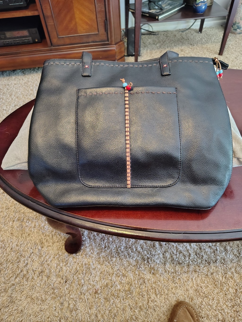 Liz Claiborne Black Leather Tote With Bead Accent